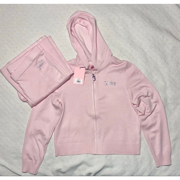 Juicy Couture Pants - NWT Juicy Couture "Whisper" Baby Pink Bling Rhinstone Logo Knit Tracksuit Sz XL